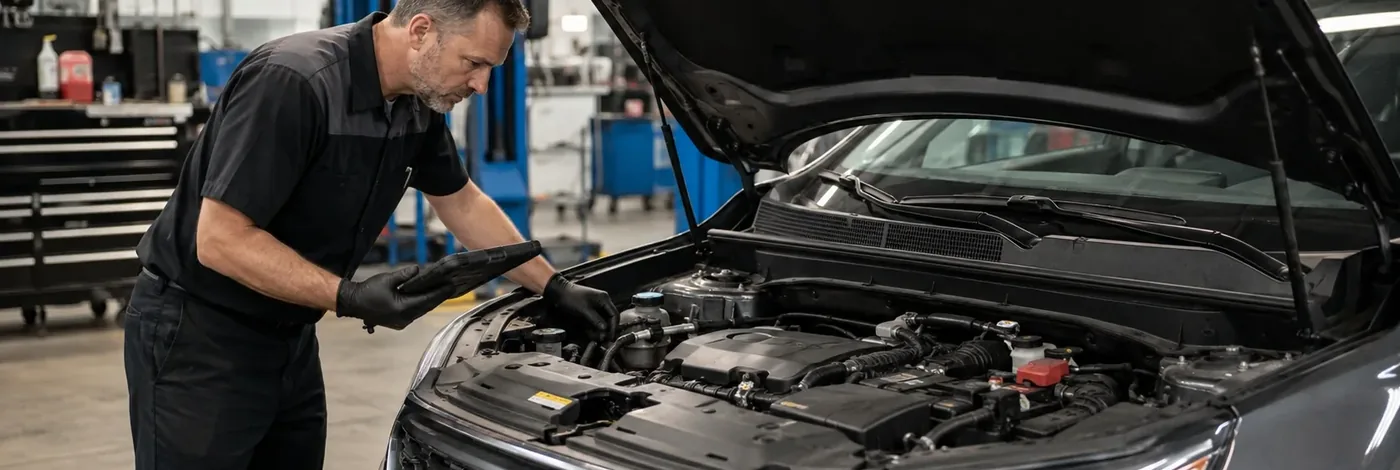 Two technicians reviewing a digital vehicle inspection on a tablet
