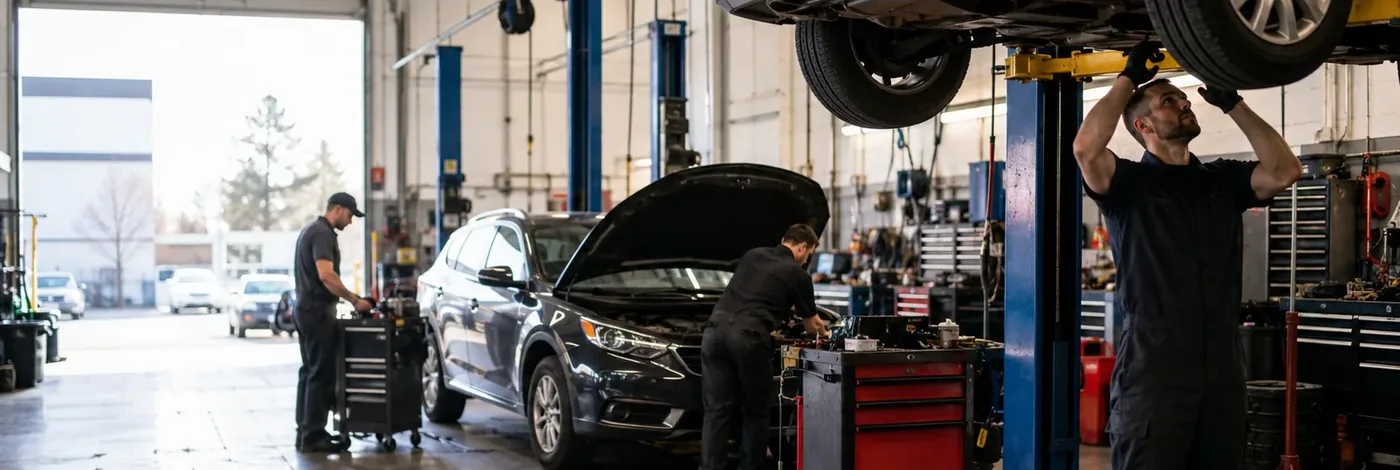 Technicians working on multiple vehicles in the service bays