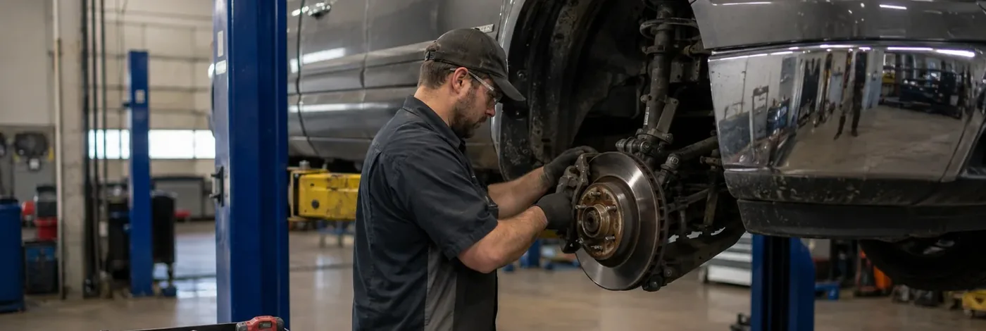 Technician removing a brake rotor from a truck on a lift