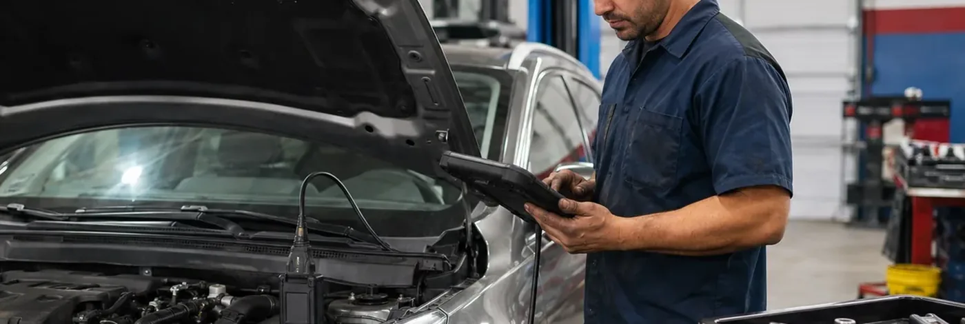 Technician running a diagnostic scan tool to read check engine codes