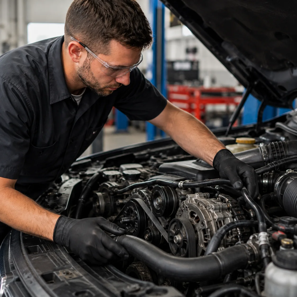 Technician inspecting engine belts and hoses under the hood