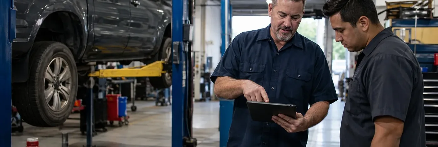Technician performing an under-hood inspection on an SUV