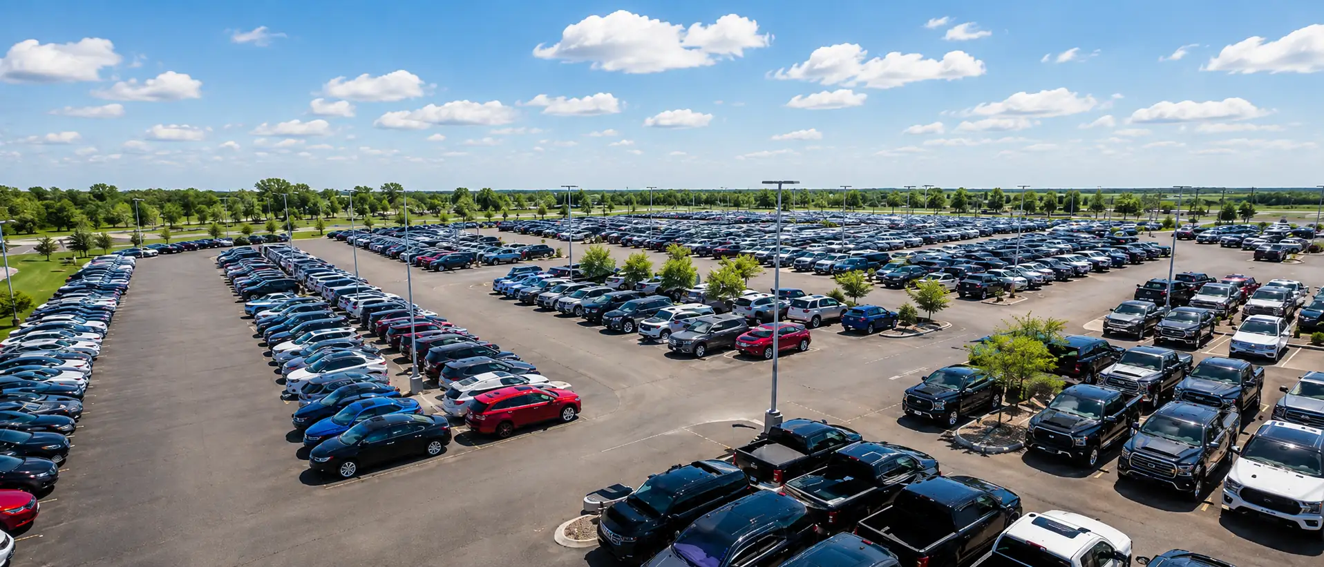 Aerial view of the Lasco Auto Group vehicle inventory lot in Grand Blanc, Michigan